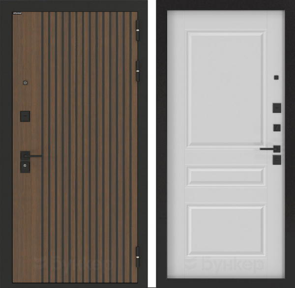 Дверь БУНКЕР BN-02 Ларче орех с черной патиной/ФЛ-711 Белый софт
