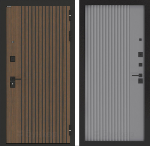 Дверь БУНКЕР BN-02 Ларче орех с черной патиной/ХОМС Серый софт рельеф