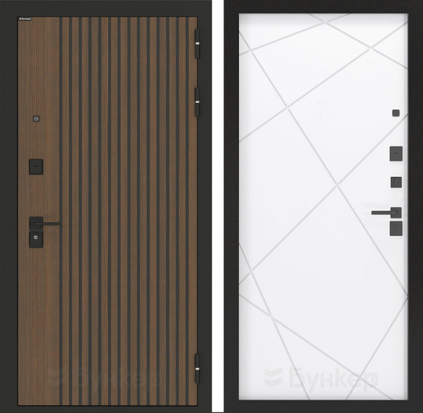 Дверь БУНКЕР BN-02 Ларче орех с черной патиной/ФЛ-291 Белый софт