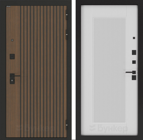 Дверь БУНКЕР BN-02 Ларче орех с черной патиной/АМСТРОД Белый софт рельеф