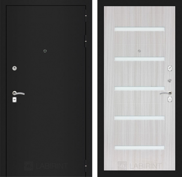 Дверь Лабиринт CLASSIC Шагрень черная 01 — Сандал белый, стекло белое